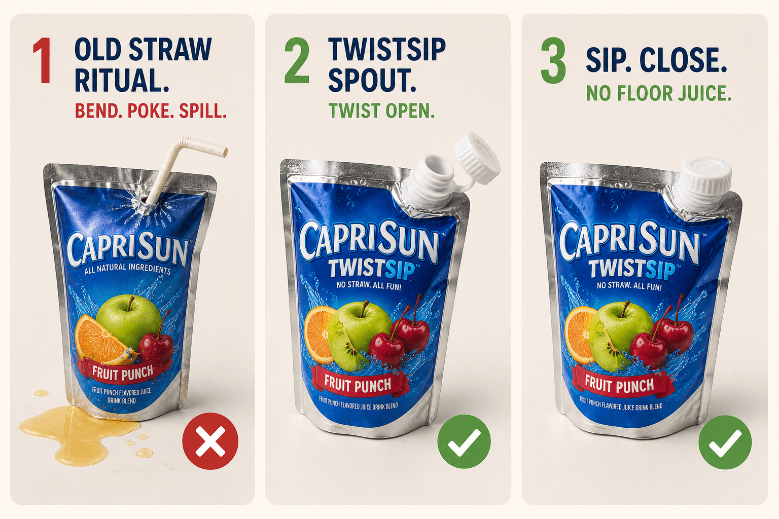 Three-panel lifecycle comparing Capri Sun paper-straw ritual to TwistSip spout