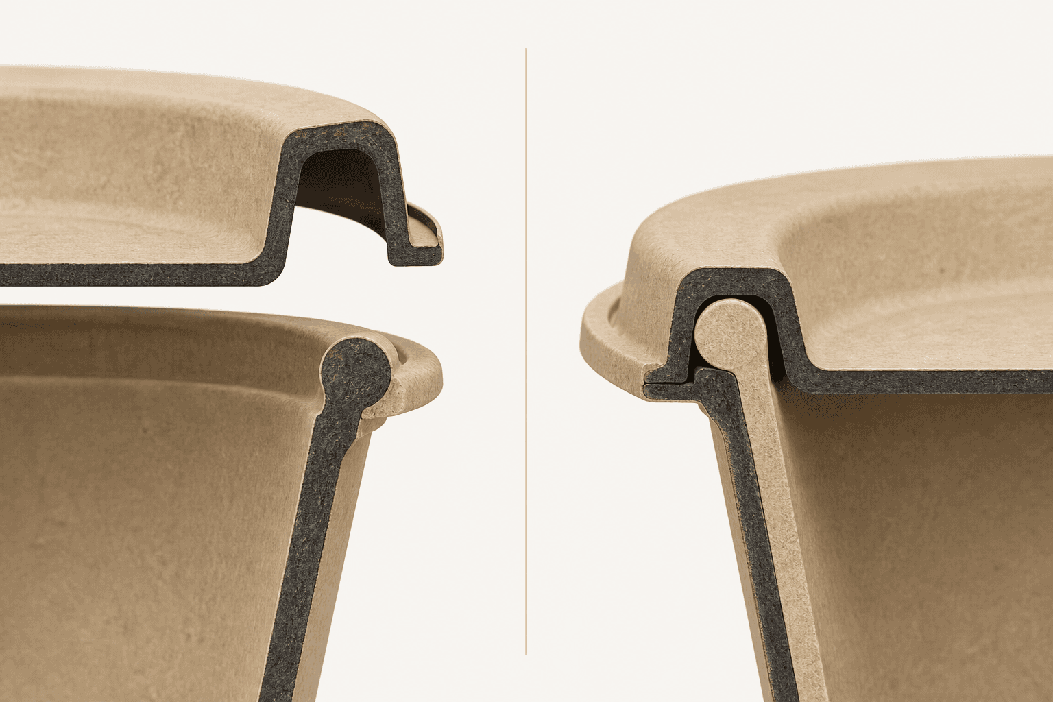 Side-by-side cutaway showing the SnapLid rim open and fully snapped onto the bowl