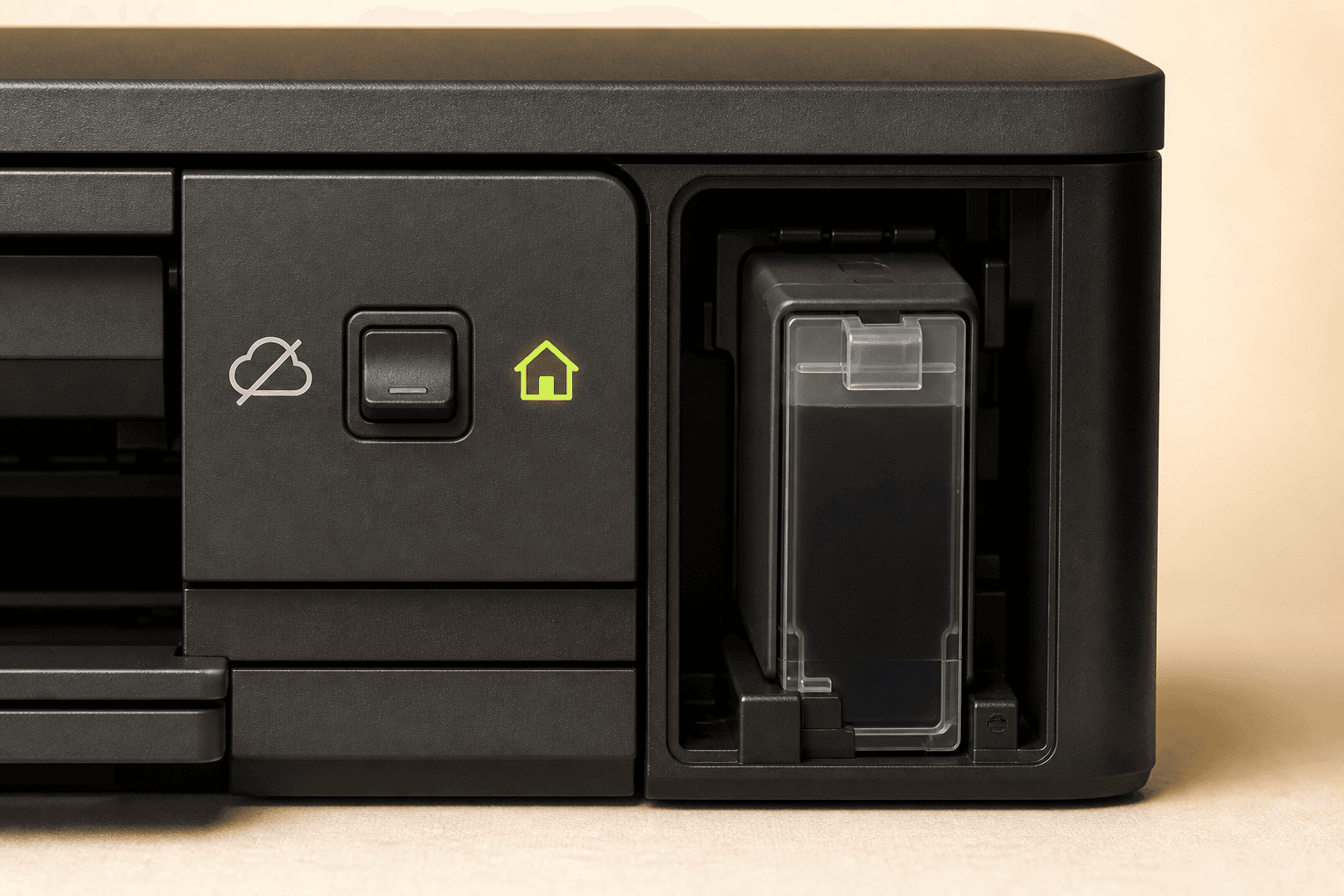 Independent InkYouOwn concept showing a printer panel set to local cartridge ownership