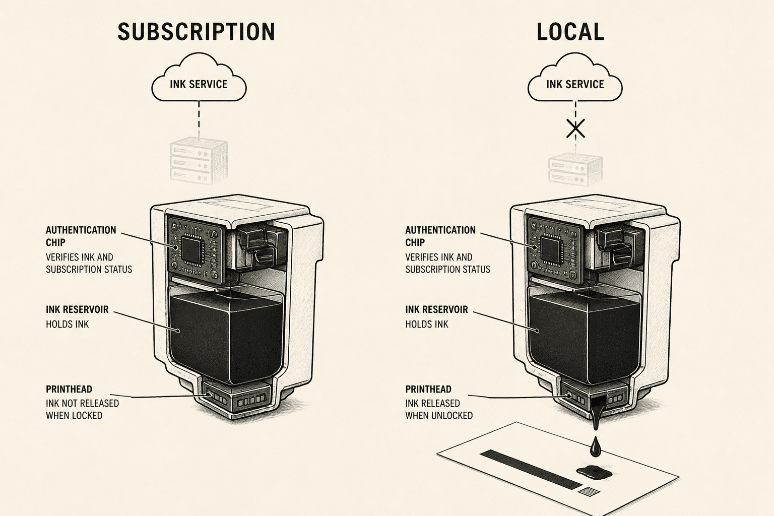 Cutaway diagram of an InkYouOwn ownership switch between subscription and local ink