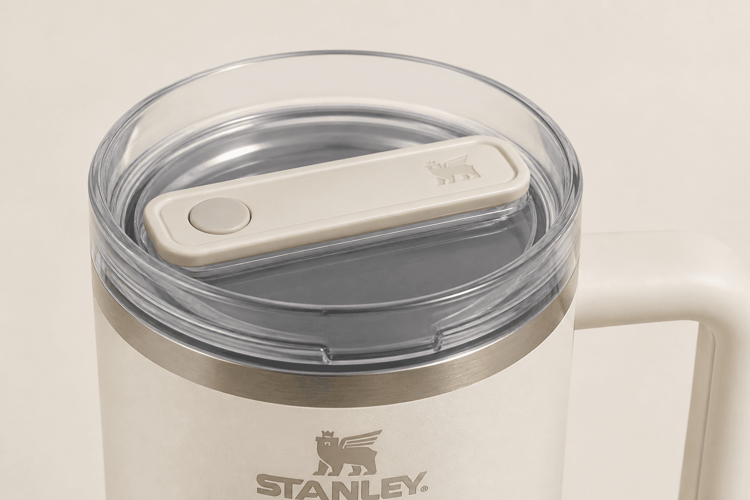 Close-up of speculative SealState sealed lid on a Stanley Quencher-style tumbler