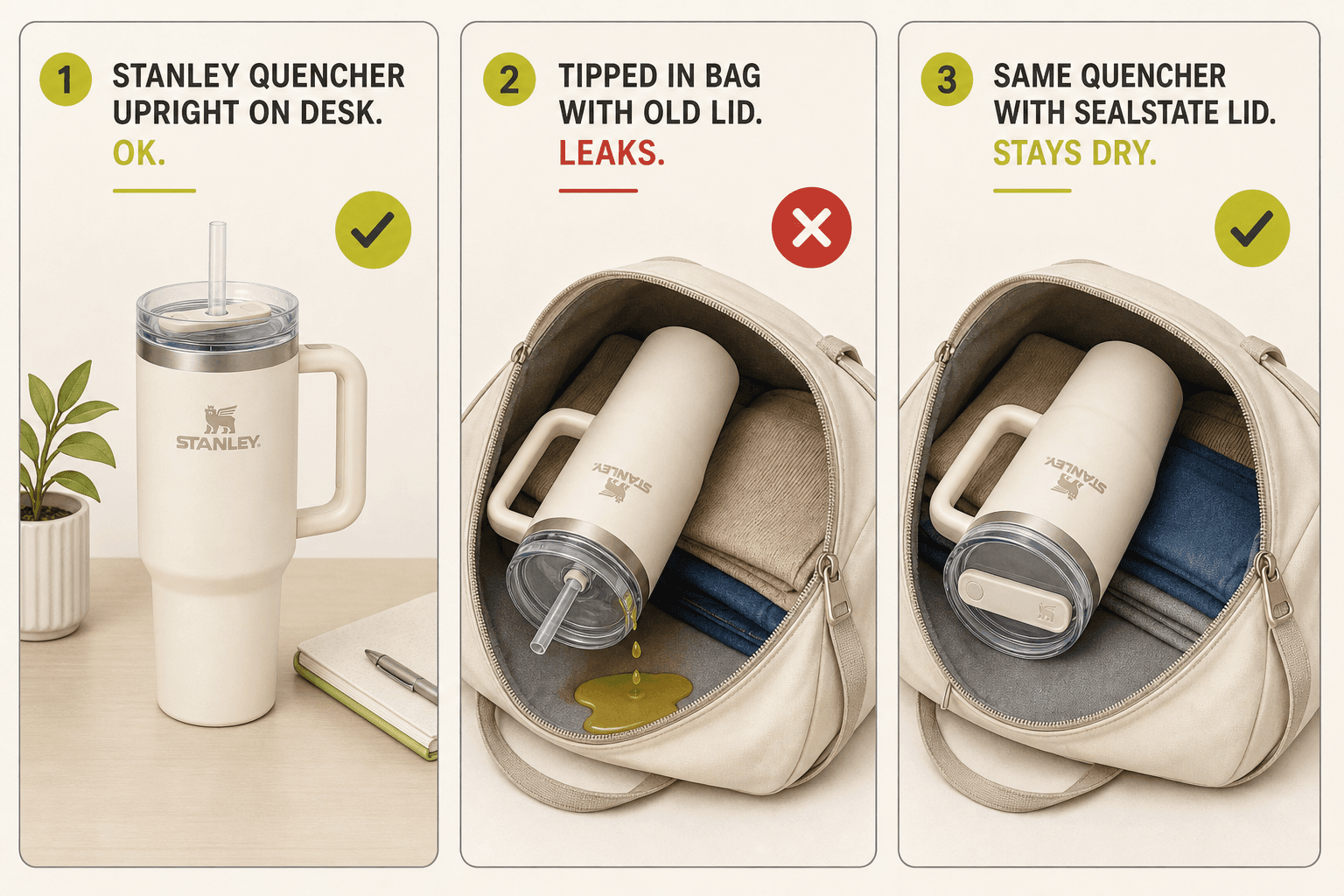Lifecycle showing Quencher leak with old lid versus sealed SealState lid in a bag